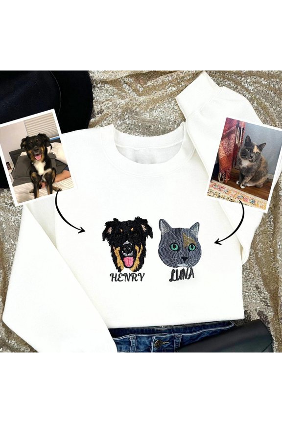 Custom Pet Face And Name Embroidered Sweatshirt Personalized Pet Lovers, Custom Embroidered Sweatshirt