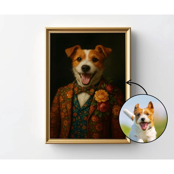 Custom Pet Portrait Oil Painting Style Personalized Dog Cat Poster Floral Dog Portrait Per
