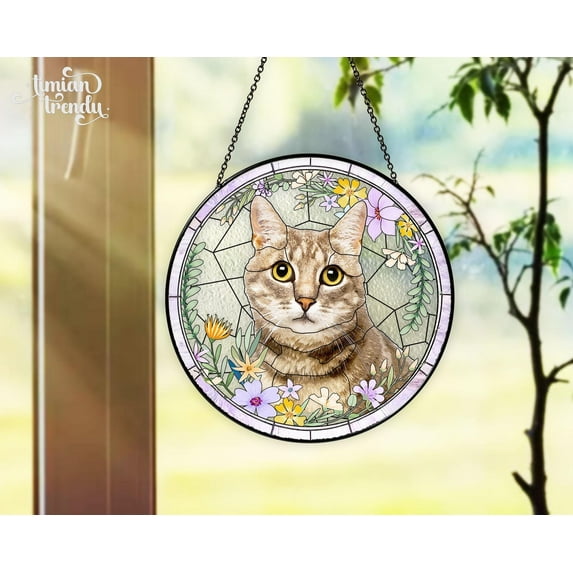 Custom Pet Portrait Stained Glass Suncatcher, Cat Memorial Gift, Personalized Cat Portrait from Photo, Pet Loss Gift, Loss Of Dog Suncatcher