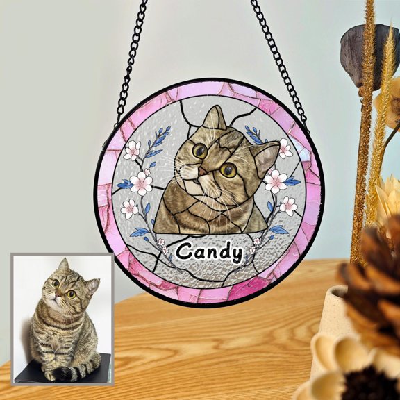 Custom Pet Portrait Stained Glass Suncatcher From Photo, Personalized Pet Loss Gift, Cat Memorial Gift, Gift for Dog Lovers
