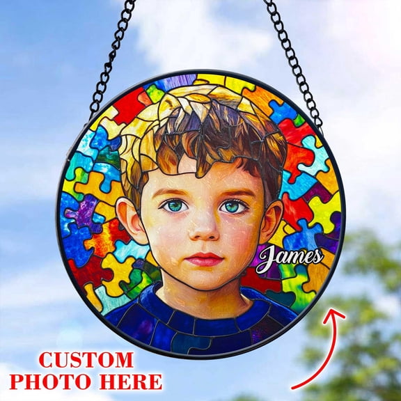 Custom Photo Autism Kid Faux Stained Glass Window Hanging, Gift For Autistic Boys, Autistic Children, Autistic Girls, Be Kind Autism Decor