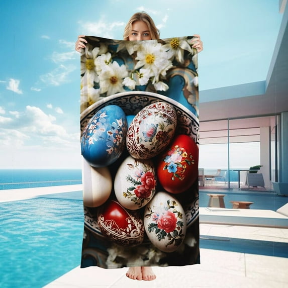 Custom Photo Beach Towel For Ester, Colorful Eggs Photo Pool Towel, Photo Gift for Kids, 30"X60"