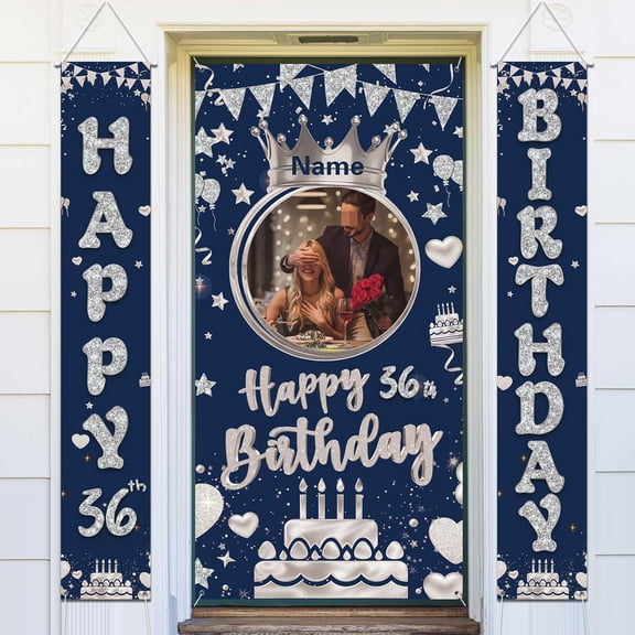 Custom Photo Birthday Banner Set Personalized Name Door Banners Fabric Backdrop Birthday Decorations Party Supplies Background for Indoor Outdoor Front Door Sign(Blue and Silver)