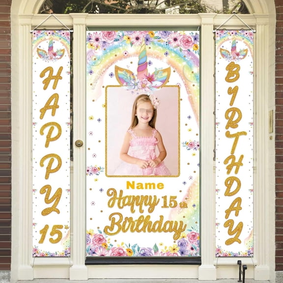 Custom Photo Birthday Banner Set Personalized Name Door Banners Fabric Backdrop Birthday Decorations Party Supplies Background for Indoor Outdoor Front Door Sign Style 3