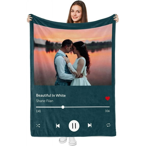 Custom Photo Blanket, Music Blanket with Personalised photo & Favorite Song Style, Custom Picture Blankets for Couple, Family, Girlfriends or Pet, Wedding Birthday Valentines Gifts (32in x 48in)