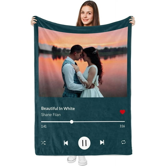 Custom Photo Blanket, Music Blanket with Personalised photo & Favorite Song Style, Custom Picture Blankets for Couple, Family, Girlfriends or Pet, Wedding Birthday Valentines Gifts (32in x 48in)