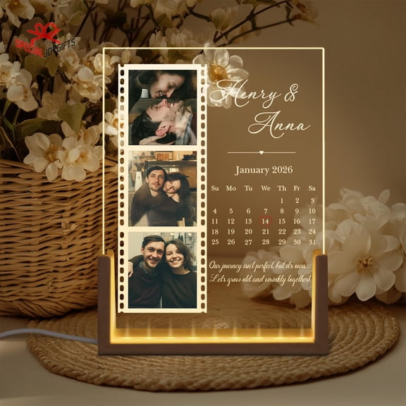 Custom Photo Calendar Date Night Light Acrylic Table Lamp With Wood Stand Anniversary Keepsake Gift For Boyfriend Or Husband