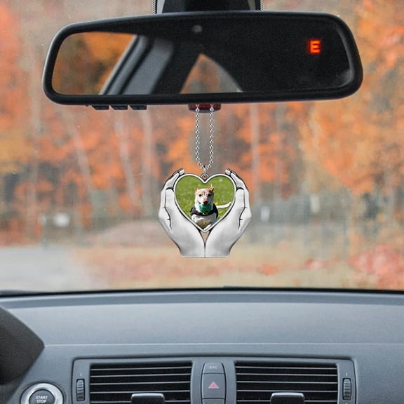 Custom Photo Car Hanging Ornament, Heart in Hands Stainless Steel Car Rear View Mirror Pendant, Personalized Picture Keepsake Charm Decor for Couples, Family, Friends, Memorial Gift