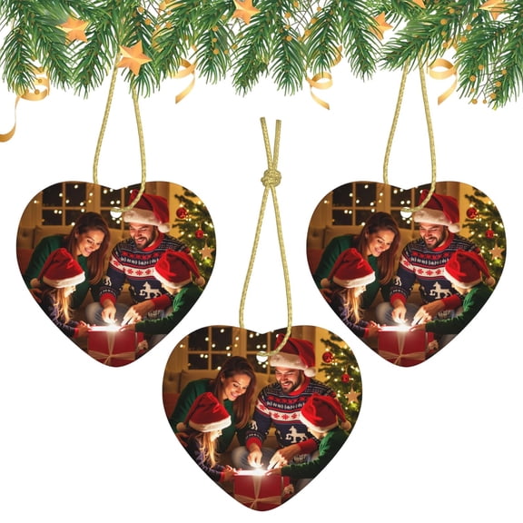 Custom Photo Christmas Tree Ornaments, Personalized Heart-Shaped Ceramic Christmas Ornaments, 3Pcs