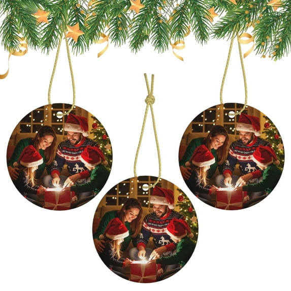 Custom Photo Christmas Tree Ornaments, Personalized Round-Shaped Ceramic Christmas Ornaments, 3Pcs