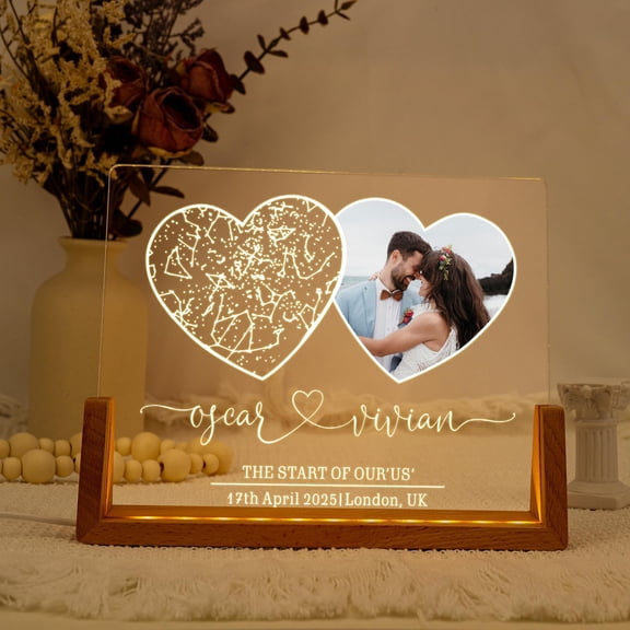 Custom Photo Constellation Map Custom Night Light Acrylic Plaque Wooden Base Engagement Anniversary Gift For Couples Lamp