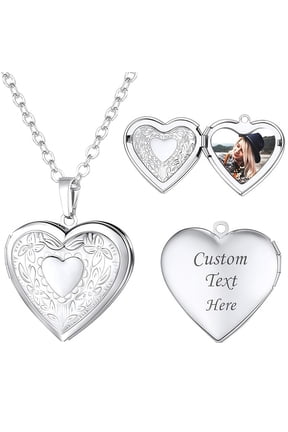Custom Photo Engraved Heart Locket Necklace, Personalized Picture & Text Clavicle Chain, Gold Silver Couples Memorial Jewelry