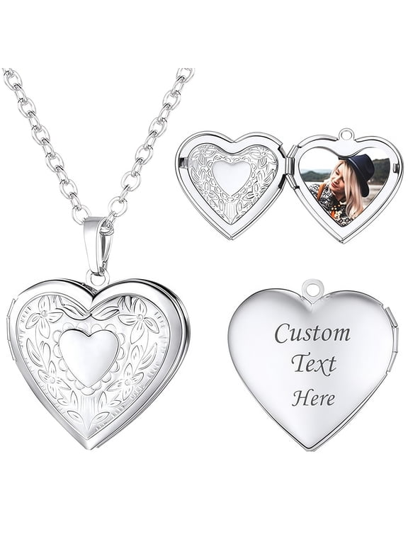Custom Photo Engraved Heart Locket Necklace, Personalized Picture & Text Clavicle Chain, Gold Silver Couples Memorial Jewelry