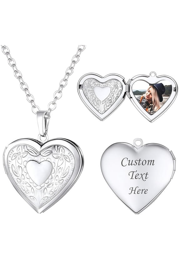 Custom Photo Engraved Heart Locket Necklace, Personalized Picture & Text Clavicle Chain, Gold Silver Couples Memorial Jewelry