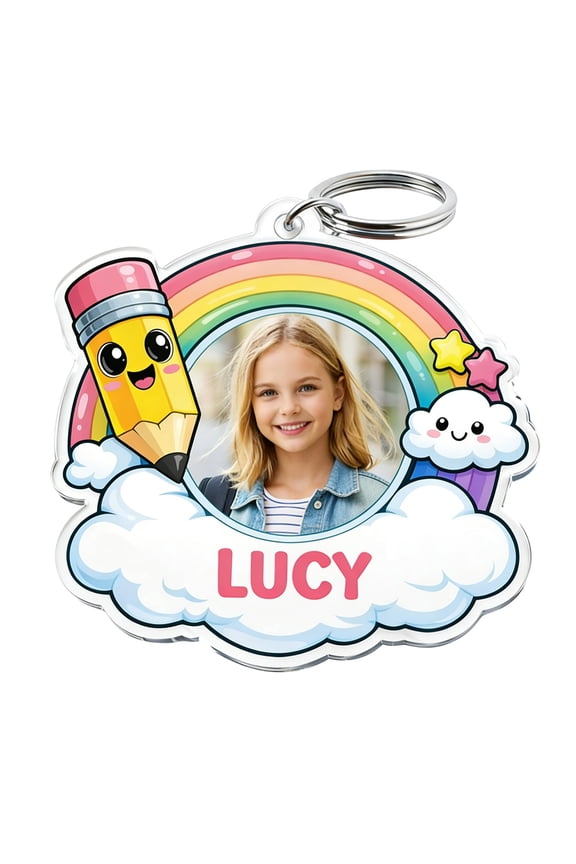 Custom Photo & Name Acrylic Keychain, Personalized Backpack Charm for Elementary Students, 2.8 Inch, First Day of School Gift