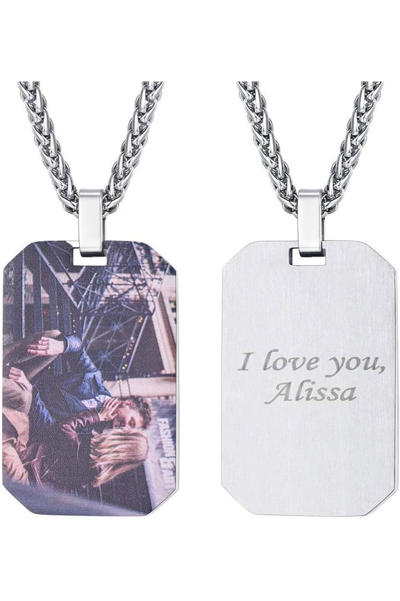 Custom Photo Necklace for Men Women, Stainless Steel Black Gold Color Dog Tag - Personalized Text Engraved Memory Heart/Round Shaped Picture Pendant Necklaces Lover Gift Mothers Fathers Day