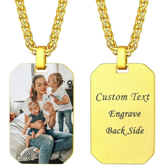 Custom Photo Necklace for Men Women, Stainless Steel Black Gold Color Dog Tag - Personalized Text Engraved Memory Heart/Round Shaped Picture Pendant Necklaces Lover Gift Mothers Fathers Day