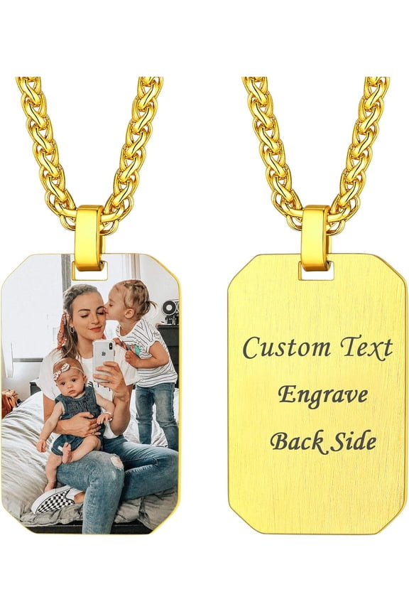 Custom Photo Necklace for Men Women, Stainless Steel Black Gold Color Dog Tag - Personalized Text Engraved Memory Heart/Round Shaped Picture Pendant Necklaces Lover Gift Mothers Fathers Day