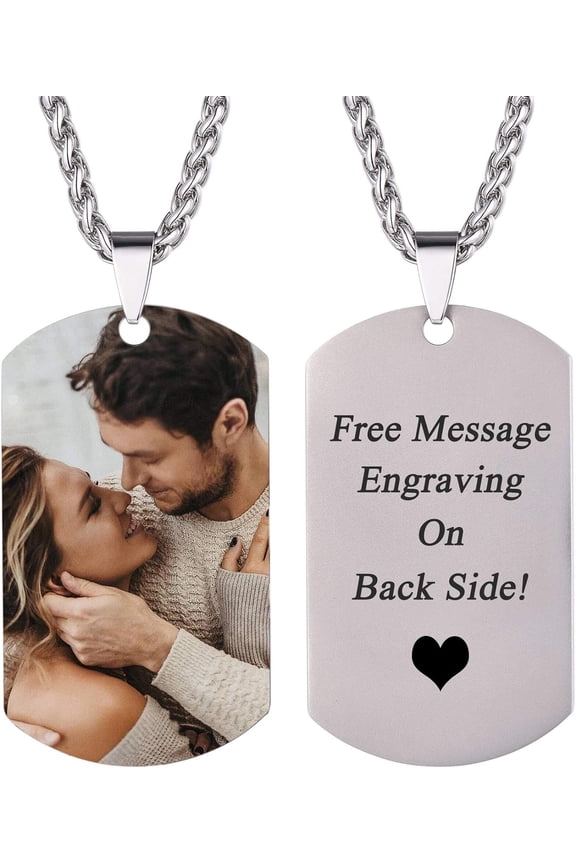 Custom Photo Necklace for Men Women, Stainless Steel Black Gold Color Dog Tag - Personalized Text Engraved Memory Heart/Round Shaped Picture Pendant Necklaces Lover Gift Mothers Fathers Day