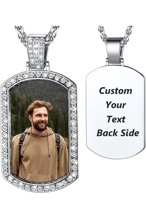 Custom Photo Necklace for Men Women, Stainless Steel Black Gold Color Dog Tag - Personalized Text Engraved Memory Heart/Round Shaped Picture Pendant Necklaces Lover Gift Mothers Fathers Day
