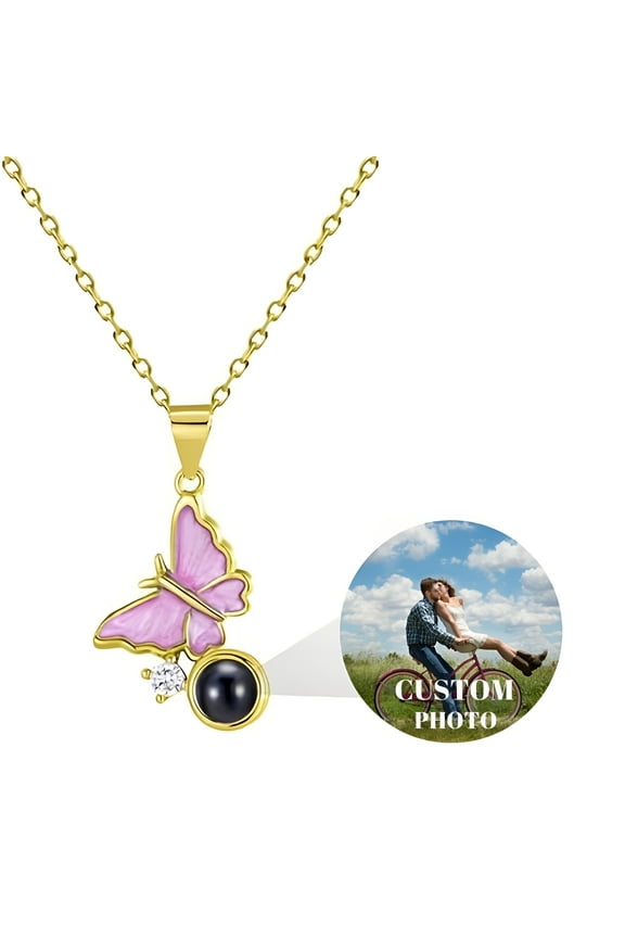 Custom Photo Necklace for Women, Personalized Pink Butterfly Pendant with Eternal Rose Gift Box, Perfect Gift for Birthday, Anniversary, Wedding, Valentine's Day, Mother’s Day and Christmas