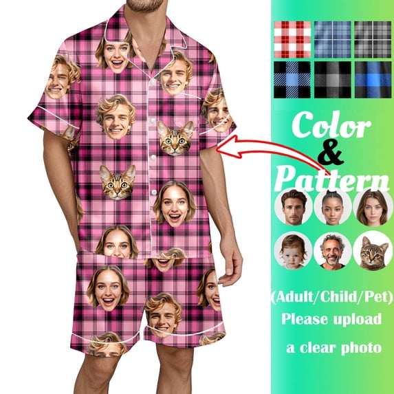 Custom Photo Pajamas for Men - Personalized Short Sleeve PJ Set with Your Design - Ideal for Christmas, Anniversary, Valentine's Gift (Grey, L)