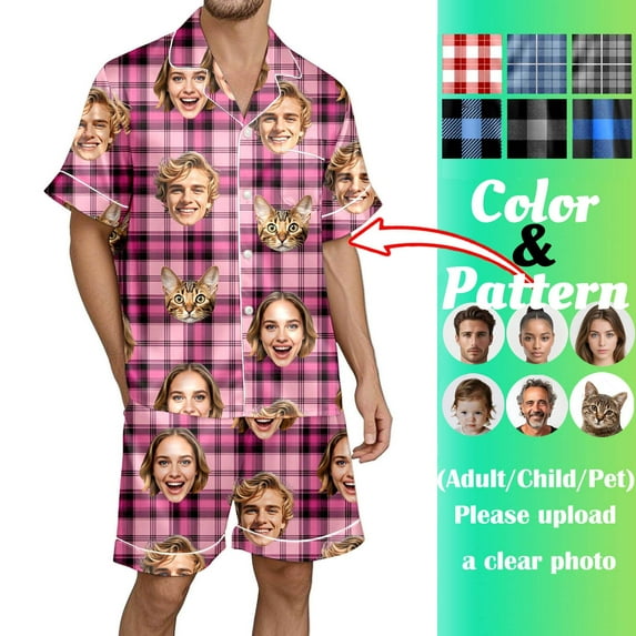 Custom Photo Pajamas for Men - Personalized Short Sleeve PJ Set with Your Design - Ideal for Christmas, Anniversary, Valentine's Gift (Grey, M)