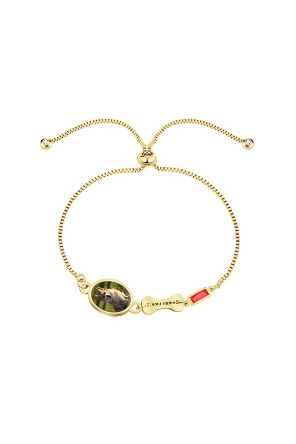 Custom Photo Pet Memorial Bracelet, Personalized Engraved Cat Dog Name Gold Plated Adjustable Chain Bracelet, Customized Keepsake Jewelry Gift for Pet Lovers Birthday Anniversary