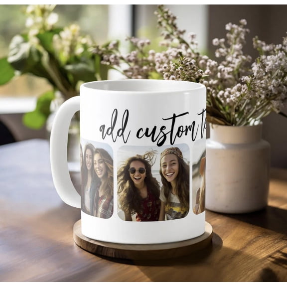 Custom Photo Picture, 4 Photo Collage With Trendy Bounce Script White Coffee Mug, Bekilab, Bekilab Ceramic Coffee Mug, 11oz 15oz Gift