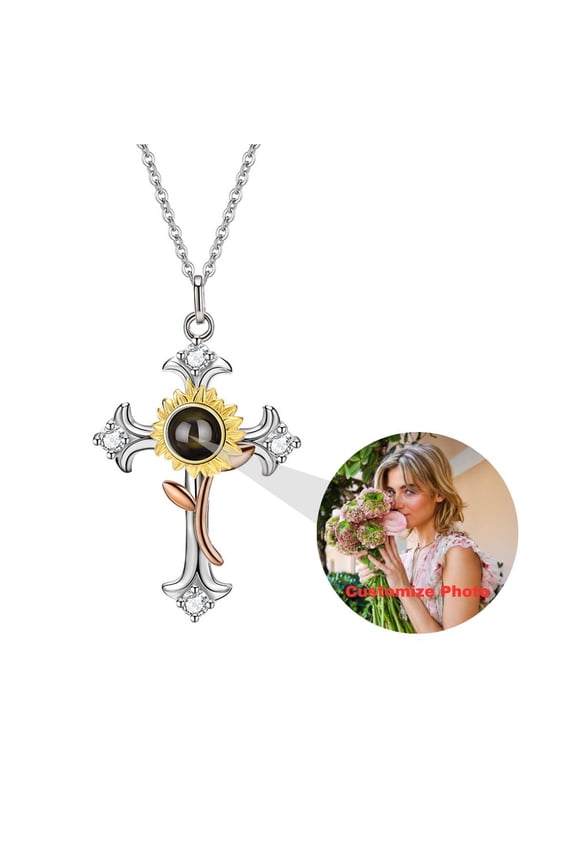 Custom Photo Projection Cross Necklace for Women, Personalized Cross and Sunflower Pendant, Birthday Wedding Valentine's Day Gifts, 925 Sterling Silver