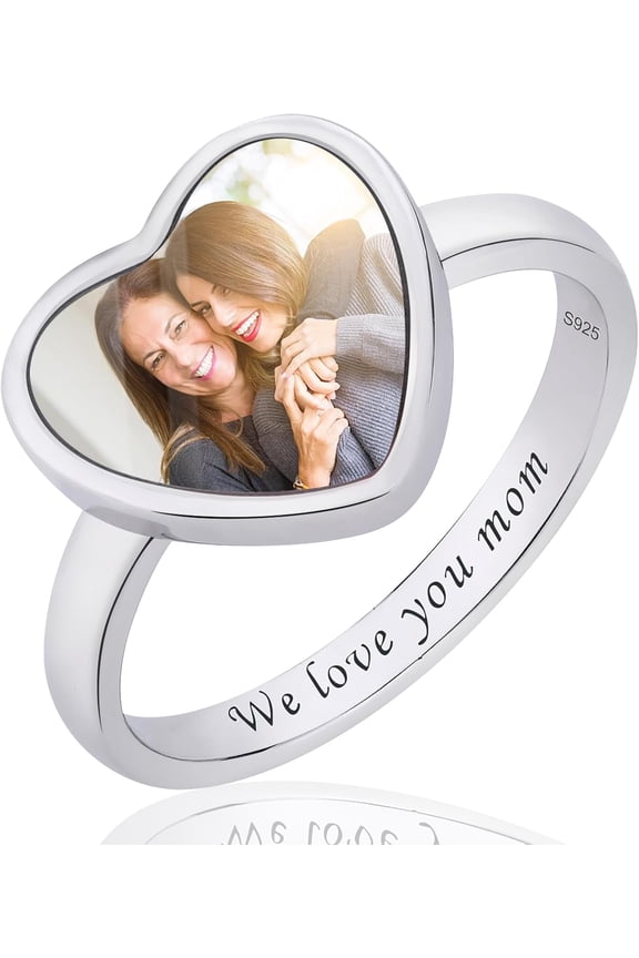 Custom Photo Rings for Women - Personalized 925 Sterling Silver Memorial Jewelry for Mom Grandma Wife Vintage Promise Anniversary Relationship Ring Her Christmas Mother's Day Gift