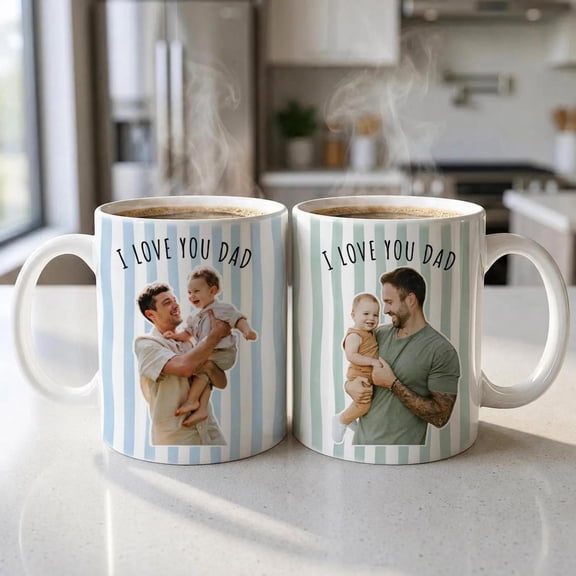 Custom Photo Striped Mug For Dad, Personalized Father And Son Picture, Bekilab, 11oz-15oz Mug
