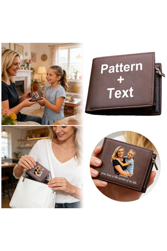 Custom Photo Text Bifold Wallet Personalized Slim Zipper Leather Purse for Men Women Mother's Day Gift