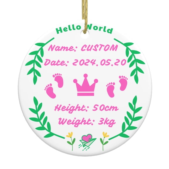 Custom Photo and Text Birth Announcement Sign, Personalized Hello World Newborn Sign, Ceramic Ornament with Hanging String for Christmas Tree Decoration and New Mom Gift.
