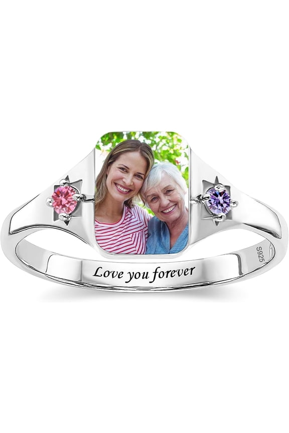 Custom Picture Ring 925 Sterling Silver Personalized Photo Ring for Women Birthstone Ring Promise Rings Anniversary Birthday Gift for Her Women Lover