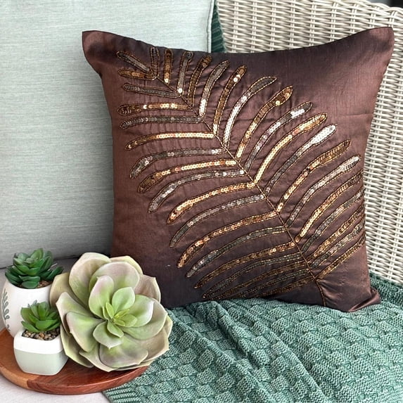 Custom Pillow Case, Pillowcase Zipper, Luxury Brown Pillow Shams, Sequins Leaf Tropical Theme Pillow Shams, 24x24 inch (60x60 cm) Pillow Sham, Square Silk Shams, Floral - Brown Leaf
