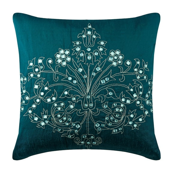 Custom Pillow Case, Teal Blue Pillow Shams, Damask Zardozi & Crystals Pillow Shams, 24x24 inch (60x60 cm) Pillow Shams, Square Silk Shams, Contemporary Pillow Shams - Teal Damask