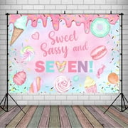 Custom Pink Donut Girl&#39;s 7th Backdrop for Birthday Party Sweet Sassy and Seven Birthday Photo Background Donut Ice Cream Seven Years Old Party Decorations Cake Table Banner 9x6ft