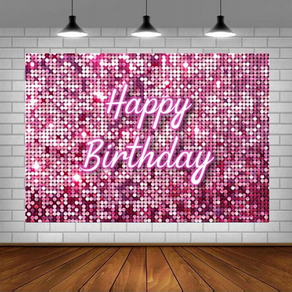 Custom Pink Flash Square Backdrop for Photography Happy Birthday Shinning Sequin Wall Panels Shimmer Wall Sweet 16 Girl Woman 20th 30th 40th Party Background Decorations Photo Studio Props 7x5ft