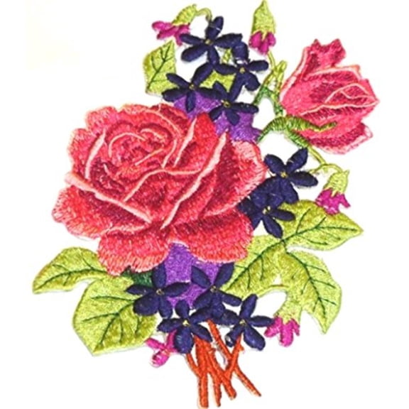 Custom Pink/Red Rose Bouquet Embroidered Iron on/Sew Patch (5" x 5") [Made in USA]