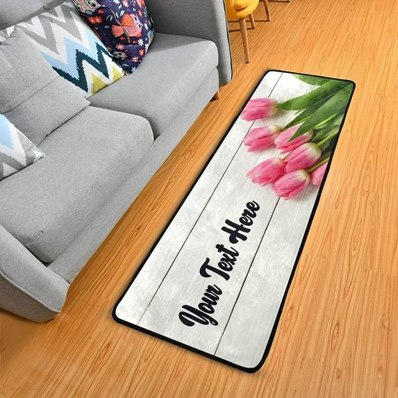 Custom Pink Tulips Kitchen Rug Personalized Your Text on Runner Rug Doormat Bath Mat Area Rug Non-Slip Carpet for Kitchen Living Bedroom 72 x 24 Inch