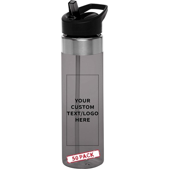 Custom Plastic Water Bottle 24 oz with Inside Straw - 50 Pack - Personalized Text - BPA Free, Screw-On Cap Flip Nozzle Mechanism - Slim Translucent Body - Eastman Tritan Copolyester - Charcoal
