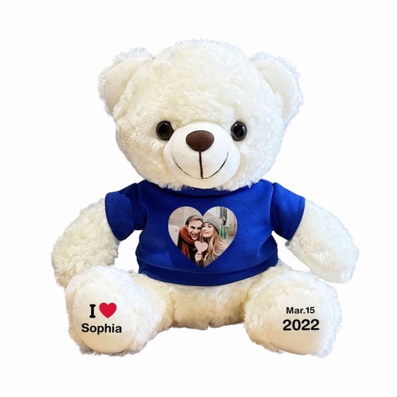 Custom Plush Teddy Bear with Photo – Blue Shirt Personalized Name & Date Keepsake for Boyfriend, Girlfriend, Baby Shower, Engagement, or Birthday