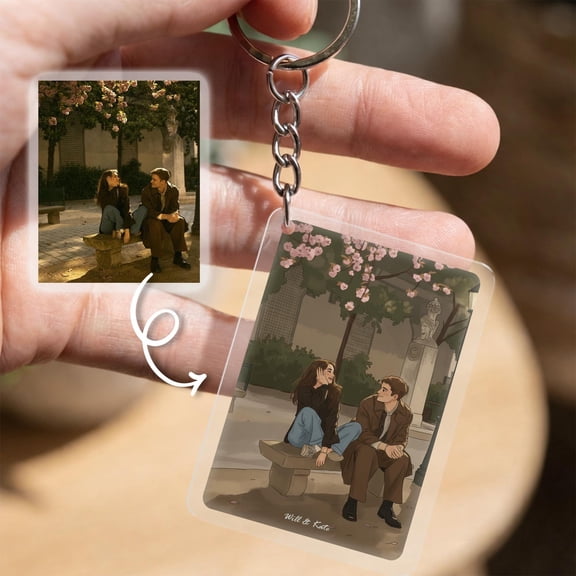 Custom Portrait Keychain, Personalized Couple Illustration Keyring, Aesthetic Art Photo Keychain, Gift for Him/Her, Romantic Cute Keyring