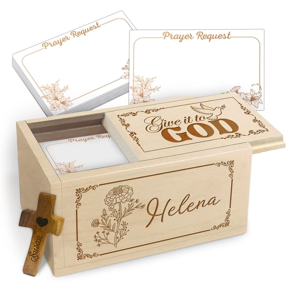 Custom Prayer Box Birthday Gift, Wooden Keepsake Box with 100 Blank Prayer Cards and Wooden Cross, Personalized Birthday Flower Religious Gift