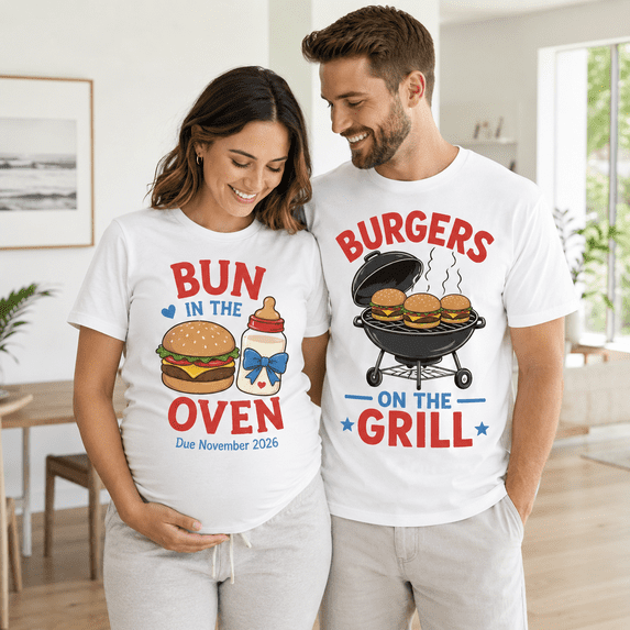 Custom Pregnancy Announcement Comfort Colors Shirts, Bun In The Oven Burgers On The Grill Tee Set, BBQ Baby Shower Gift For New Parents