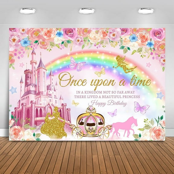 Princess Happy Birthday Backdrop Pink Royal Castle Carriage Floral Birthday Backdrop Princess Theme Girl Birthday Party Decorations Banner Photo Studio Props (7x5ft)