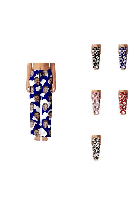 Custom Print Couples Matching Pajama Pants, Personalized Valentine's Day Sleepwear for Men Women Adults with Face Photo, Soft Casual Lounge Wear