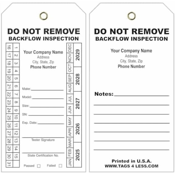 Custom Printed Backflow Inspection Tags  2 5/8" x 5 1/4" Maintenance Record Tag for Backflow Test, Waterproof Heavy Duty Vinyl Plastic for Record-Keeping (Choose , Pack of 100)$$Office