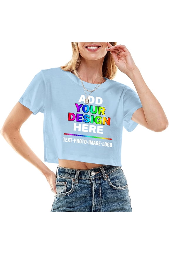 Custom Printed Women's Cotton Cropped T-Shirt, Personalized Graphic Crop Top Tee Blue S